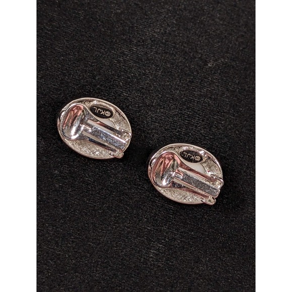 Kenneth Jay Lane KJL Silver Tone Faux Pearl Cabochon Rhinestone Clip Earrings - Picture 5 of 7